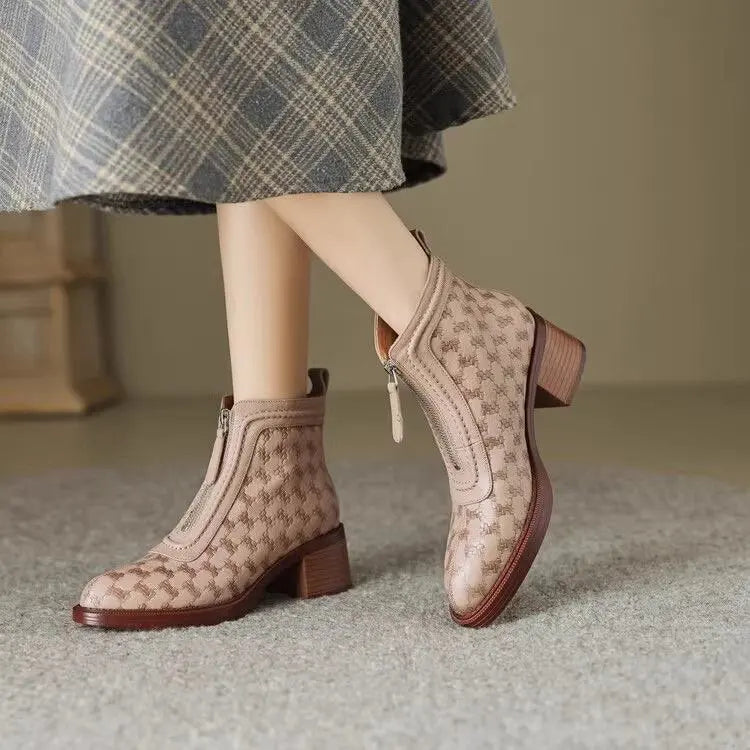 Women's Short Boots 2025 New Autumn Winter Zipper Vintage Chunky Heel Middle Heel Shoes Comfortable Warm Non Slip Fashion Boots