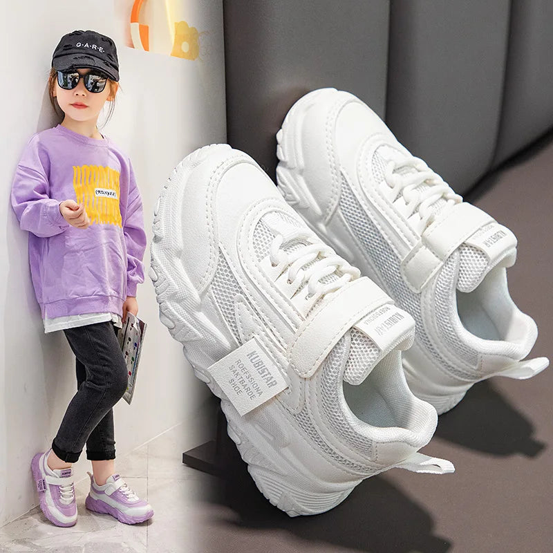 Spring New Kids Sneakers 2023 PU Girls Casual Mesh Solid Pink Light Boys White Hook & Loop Children Non-slip Sports Shoe Fas