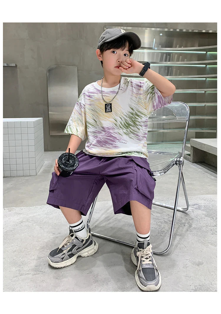 Summer  Boys Shorts Short Sleeve Shorts Handsome High Quality Leisure Sports Simple Two-piece Set.4-16year