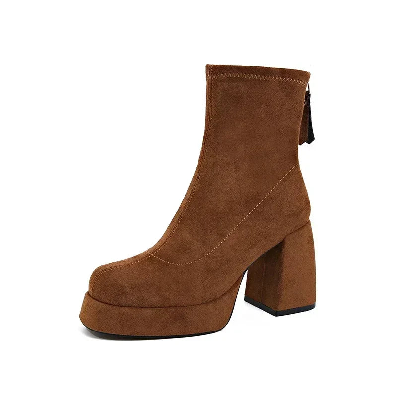 2024 Women's Fashion High-heeled Boots Winter New British Style Soft Sole Anti-slippery Catwalk Versatile Keep Warm Leather Shoe
