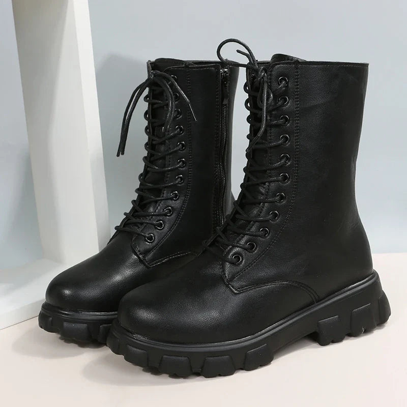 Boots Women 2022 Autumn Winter PU Leather White Ankle Boots Motorcycle Botines Female Chunky Heels Platform Boots Botas Mujer