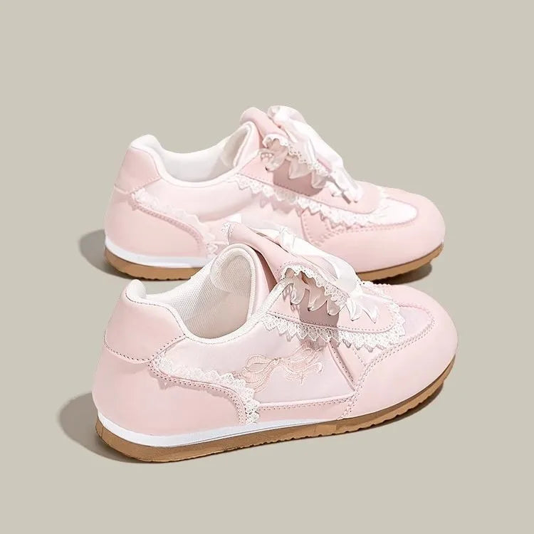 Girly Dopamine Pink Sneakers 2025 Fall New Women's Lightweight Ballet Flats Round Toe Lace Detail White Casual Walking Shoes