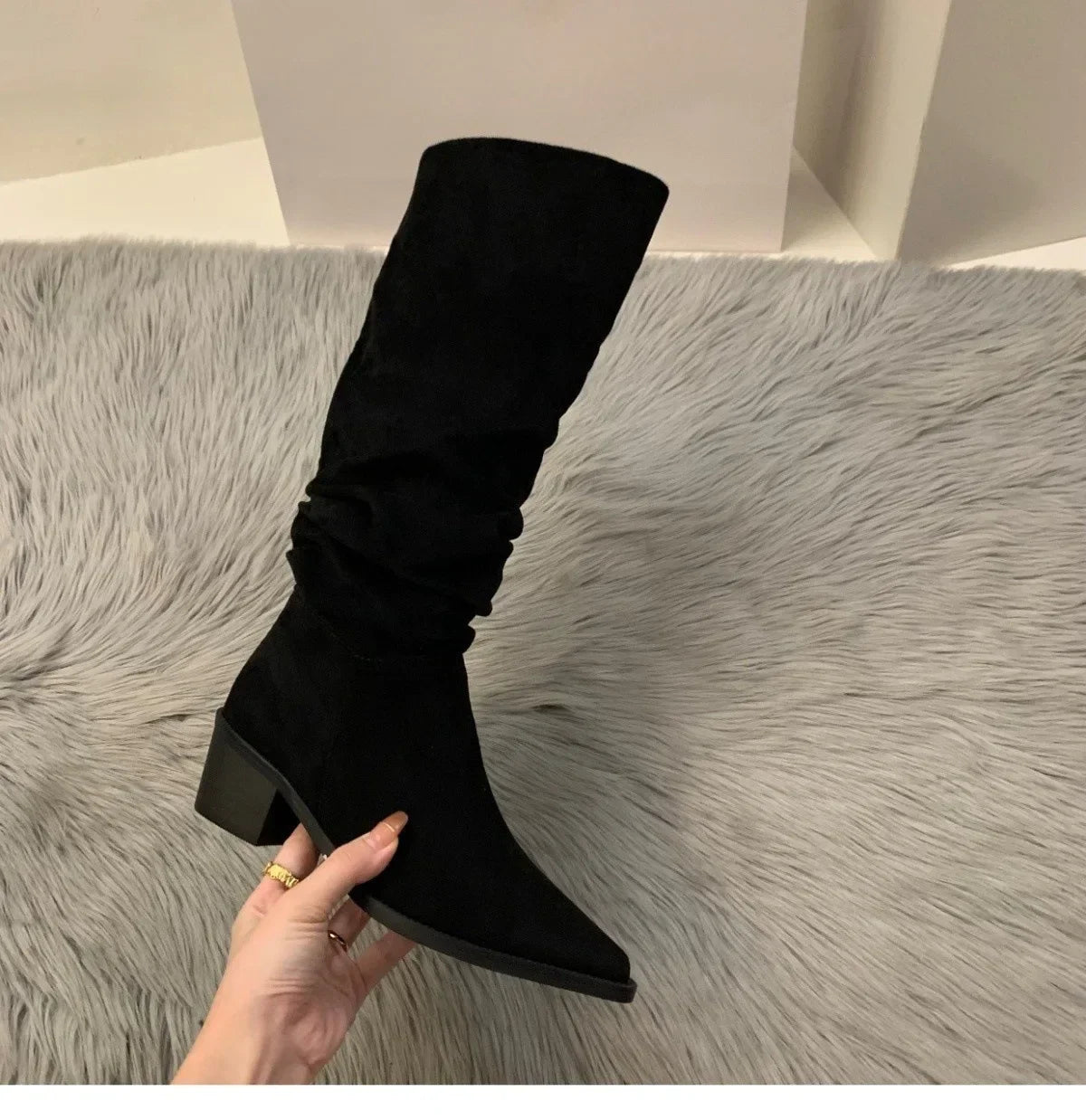 Women's Suede High-heeled Boots for Autumn and Winter 2025, New Plush Pointed Stacking Boots, Fashionable Outdoor Knight Boots