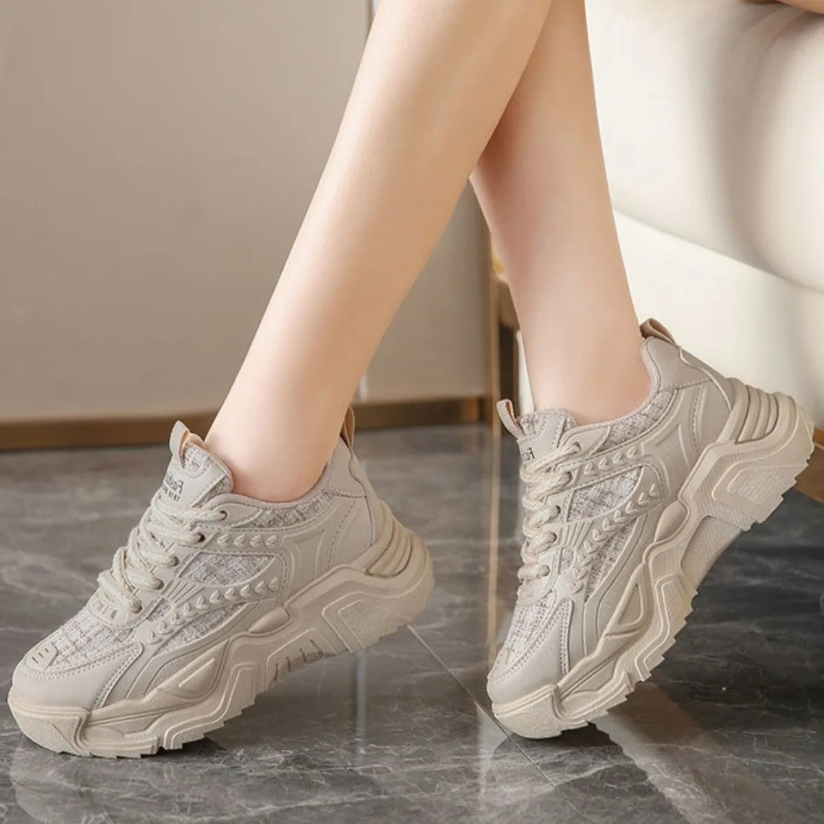 Women's Platform Sneakers - Mesh & Leather Chunky Sole, Breathable Non-Slip, Stylish Casual Sports Shoes for Daily & Dating