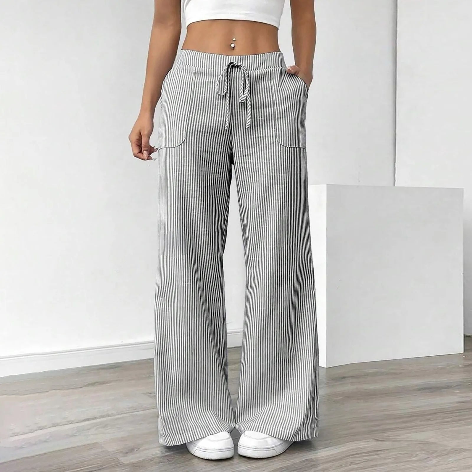 High Waist Pants For Women Elastic Waist Drawstring Wide Leg Casual Trousers With Pockets Soft Breathable Loose Knit Bottoms