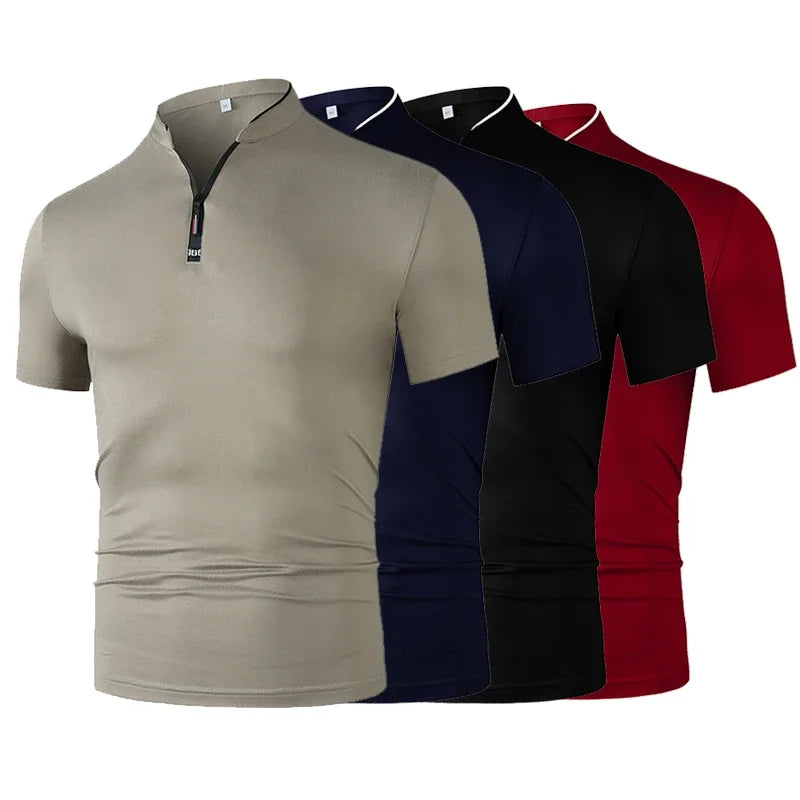 Men's Short Sleeve Stand Collar T-Shirt Summer Casual Business Half-Zip Top Breathable Solid Color Slim Fit Male Daily Wear