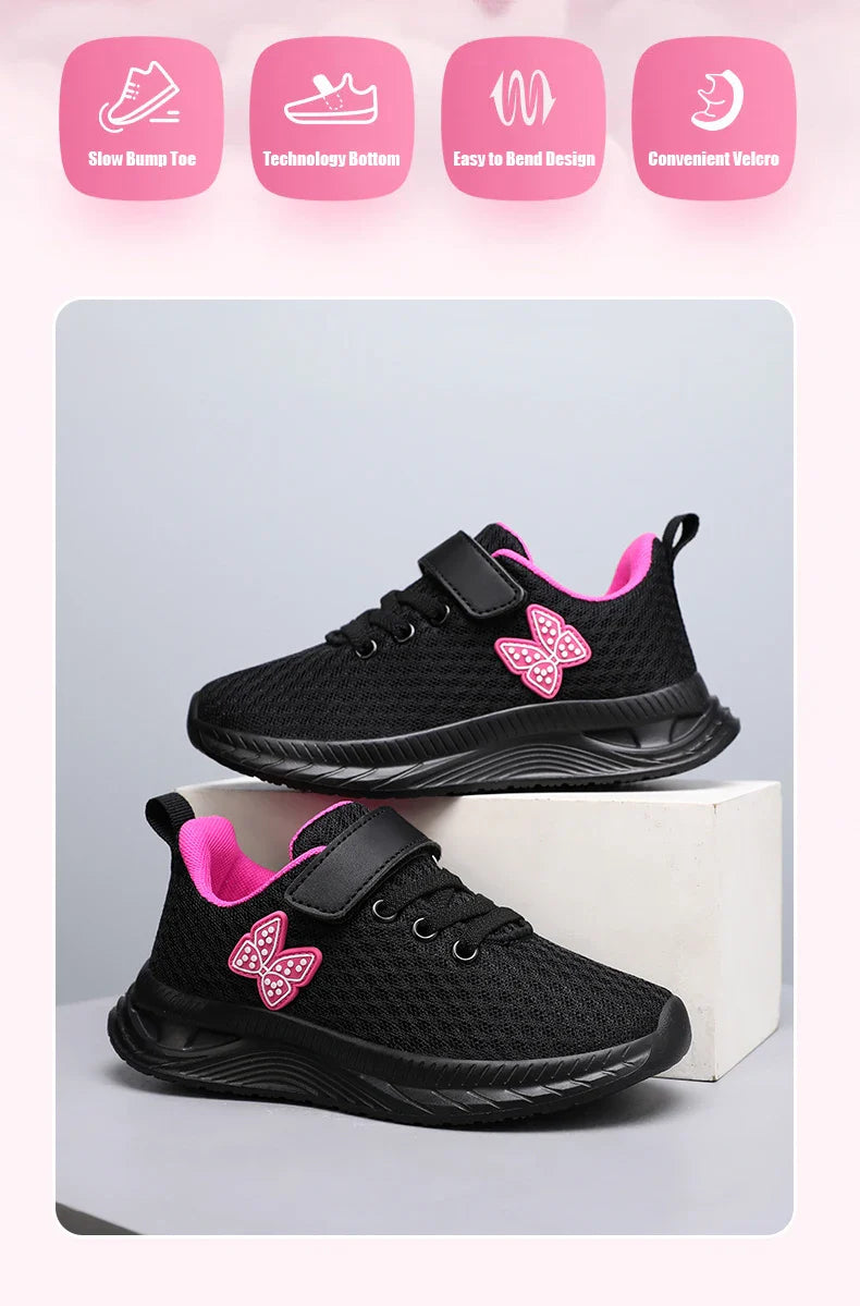 Girls Sports Running Shoes with Velcro Breathable Mesh Casual Sneakers Toddler Girl Lightweight Walking Shoes Non-Slip Sole