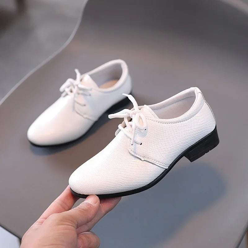 Boy Leather Shoe Black White Versatile Children's Flats for School Performance Causal Fashion Lace-up Kids Formal Uniform Shoes