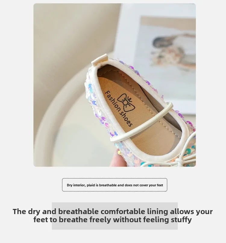 Girls' Shoes 2025 Spring New Fashion Little Girl Sequin Princess Shoes Soft Sole Girls' Shallow Mouth Single Shoes Breathable
