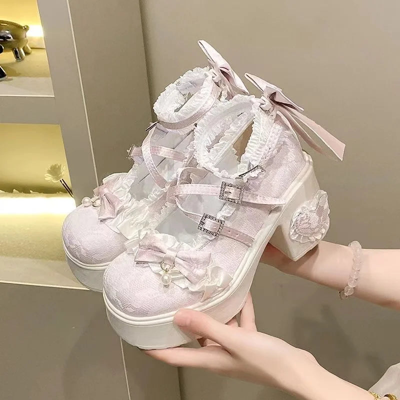 New Princess Shoes with Elegant Temperament Soft Sole Lace Lolita Original Thick Heel Height Increasing Mary Jane Single Shoe