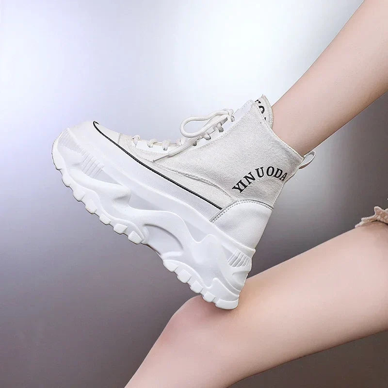 Women Sneakers High Top Platform Breathable Leather Shoes 2023 Autumn Ladies Wedges Casual Shoes For Woman Sports Dad Shoes 8CM