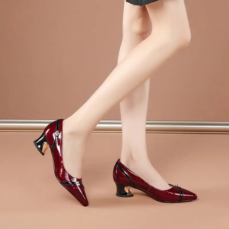 Women Pumps Spring Autumn Soft Leather Thick Middle Heel Shoes for Women Professional Shallow Mouth Pointed Toe Women's Shoes