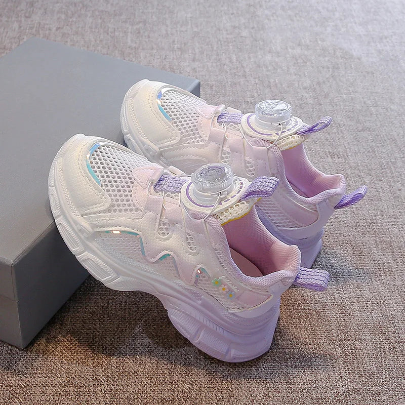 Girls Sneakers with Sweet Flowers Children Running Shoes Rotating Button 2025 New Kids Sports Shoes Princess Style Comfortable