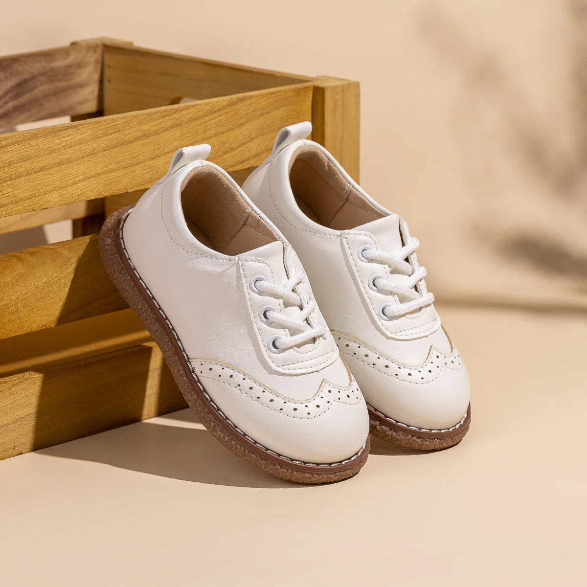 KIDSUN Children Retro Casual Leather Shoes Comfortable Breathable Rubber Soft Anti-Slip Flat Sole Lace Up Solid Color Flats Shoe