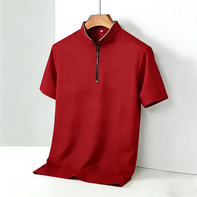 Men's Short Sleeve Stand Collar T-Shirt Summer Casual Business Half-Zip Top Breathable Solid Color Slim Fit Male Daily Wear