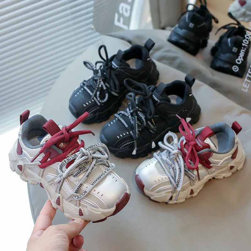 Children's Sneakers Four Seasons Leather Boys Girls Single Shoes 3-18 Years Old Black Soft Bottom Non-slip Kids Running Shoes