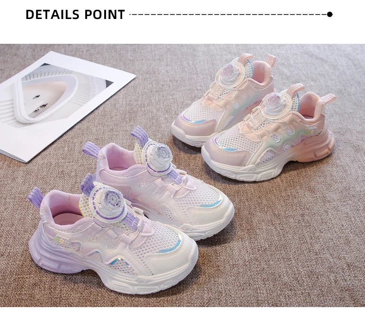 Girls Sneakers with Sweet Flowers Children Running Shoes Rotating Button 2025 New Kids Sports Shoes Princess Style Comfortable