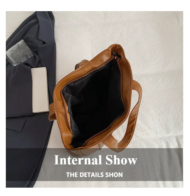 Simple Large Capacity Tote Bags for Women Retro Pu Leather Ladies Shoulder Bag Commuter Portable Girls Student Underarm Handbag