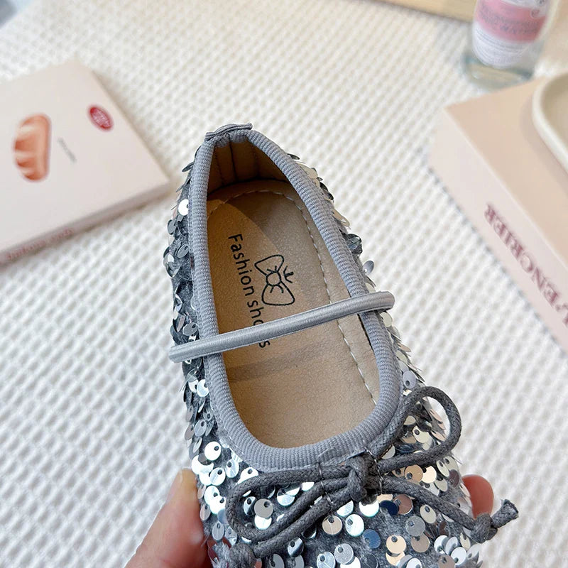 Girls Shoes Kids Glitter Leather Shoes for Wedding Stage Party Sequins Bling Shiny with Bow-knot Princess Soft Children's Flats