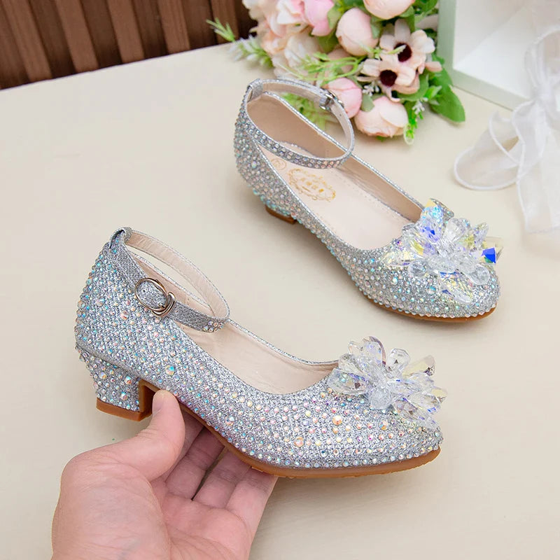 High-heeled Shoes For Girls Spring And Autumn New Little Girl Princess Crystal Shoes Children's Cuhk Shows Soft-soled Shoes