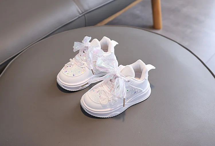 Baby Girl's Casual Sneakers for Spring Fall Shiny Sequins & Bow Ribbon Decor Sports Shoes Kids Skate Shoes