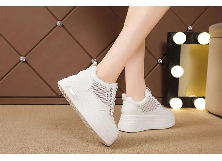 Women's White Chunky Sole Sneakers – Breathable Mesh Shoes with Thick Platform and Air Cushion for Casual Wear