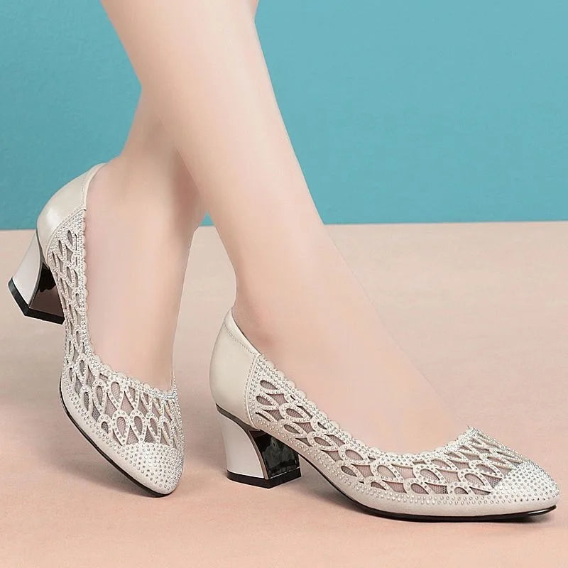 Women's Shoes 2024 Summer New Fashion Mid-heel Hollow Mesh Pumps for Women Black Elegant Party High Heels Shoes Female fashion