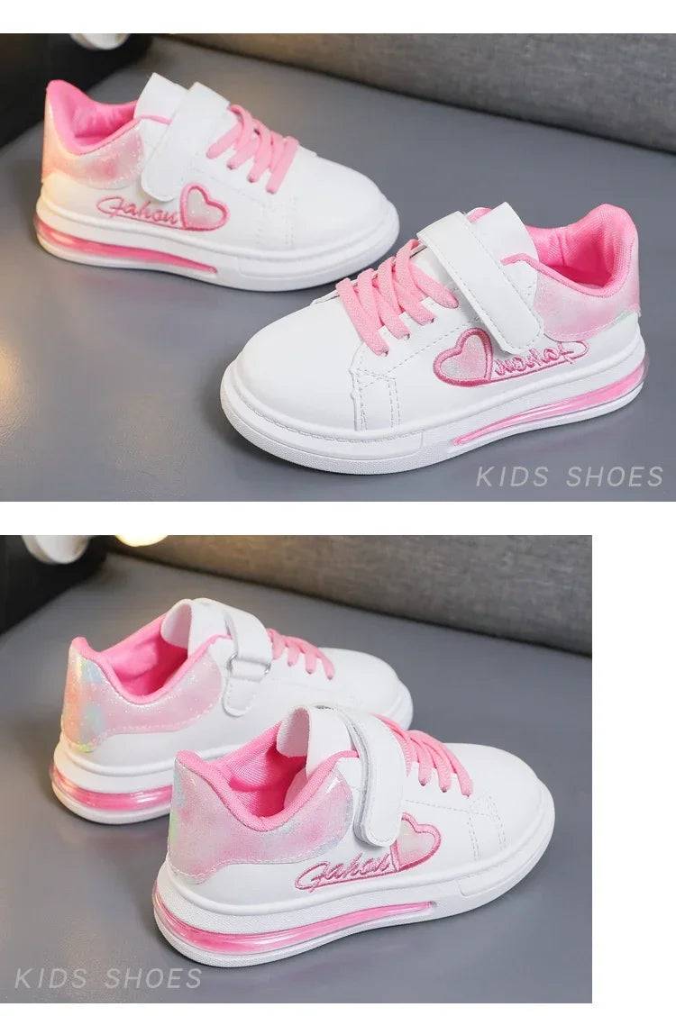 Girls Casual Shoes Kids Skate Shoes White School Sneakers Children's Sports Running Shoes with Heart Love Embroidery Sweet Soft