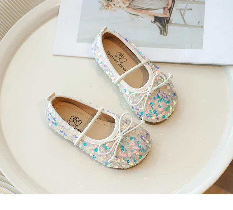 Girls' Shoes 2025 Spring New Fashion Little Girl Sequin Princess Shoes Soft Sole Girls' Shallow Mouth Single Shoes Breathable