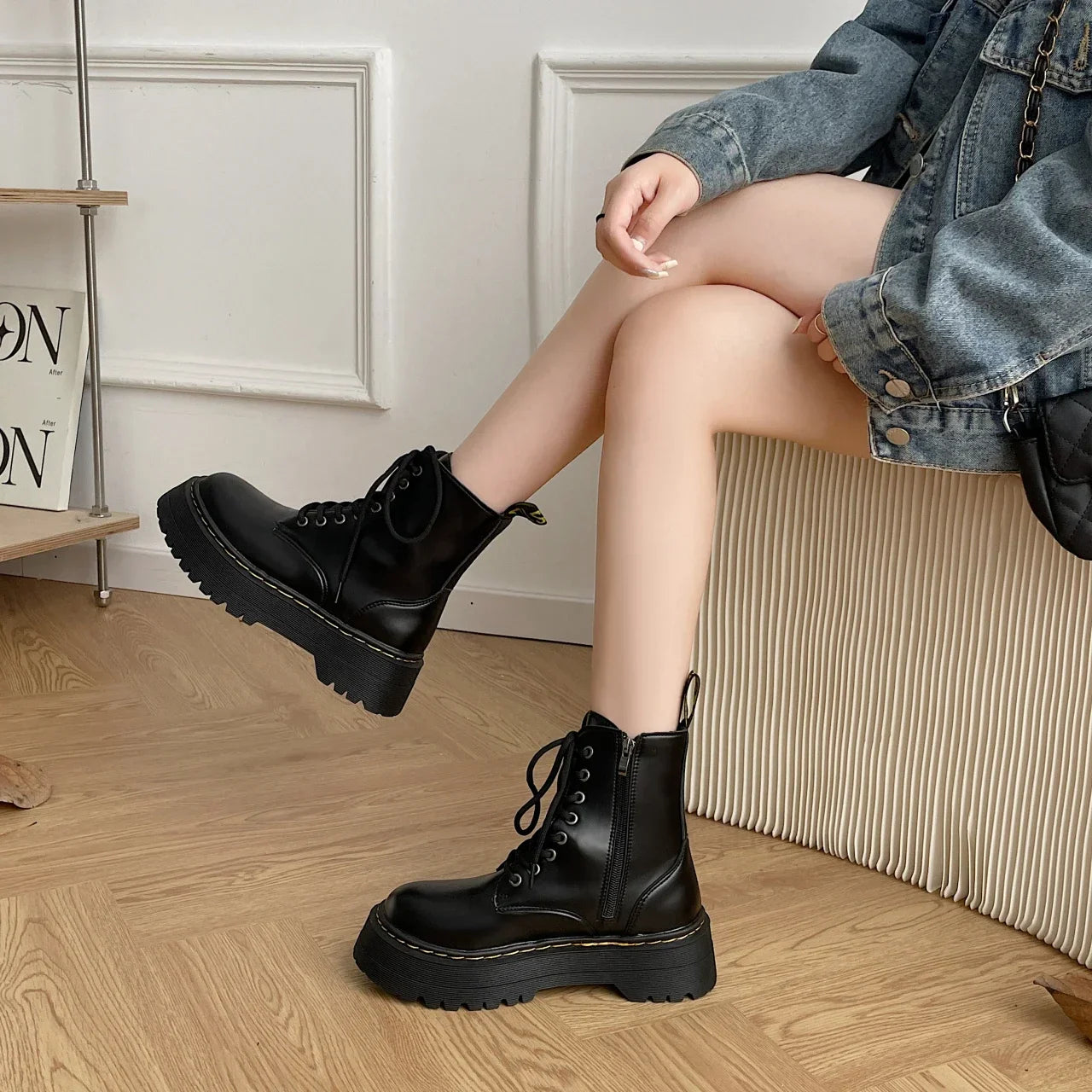 Women's Boots New Genuine Leather Ankle Shoes Chelsea Botas Ladies Classic Punk Platform Shoes Women Casual High Heels Boots