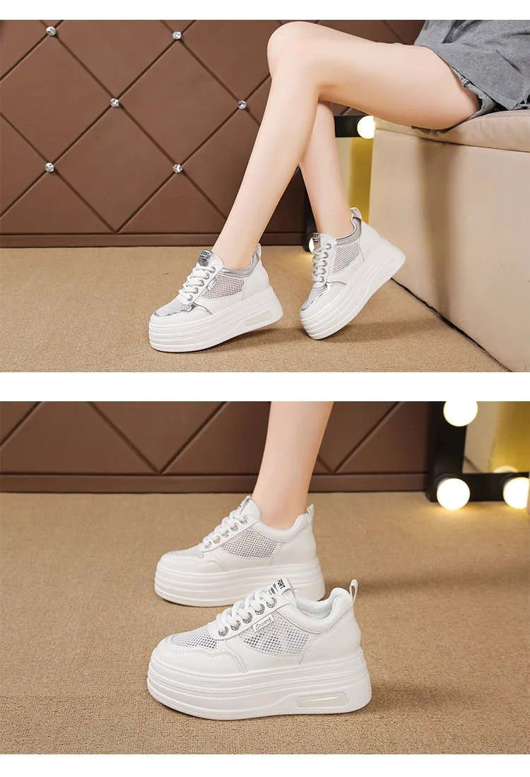 Women's White Chunky Sole Sneakers – Breathable Mesh Shoes with Thick Platform and Air Cushion for Casual Wear