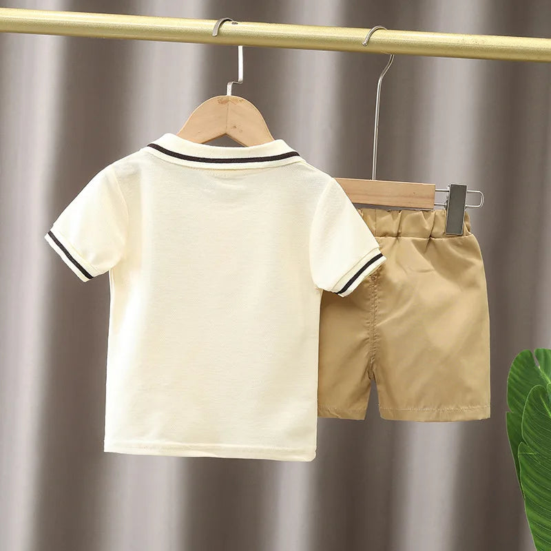 Boys Summer Clothing Children's Short Sleeved Set New Children's And Boys Baby Striped Polo Shirt Two-Piece Set