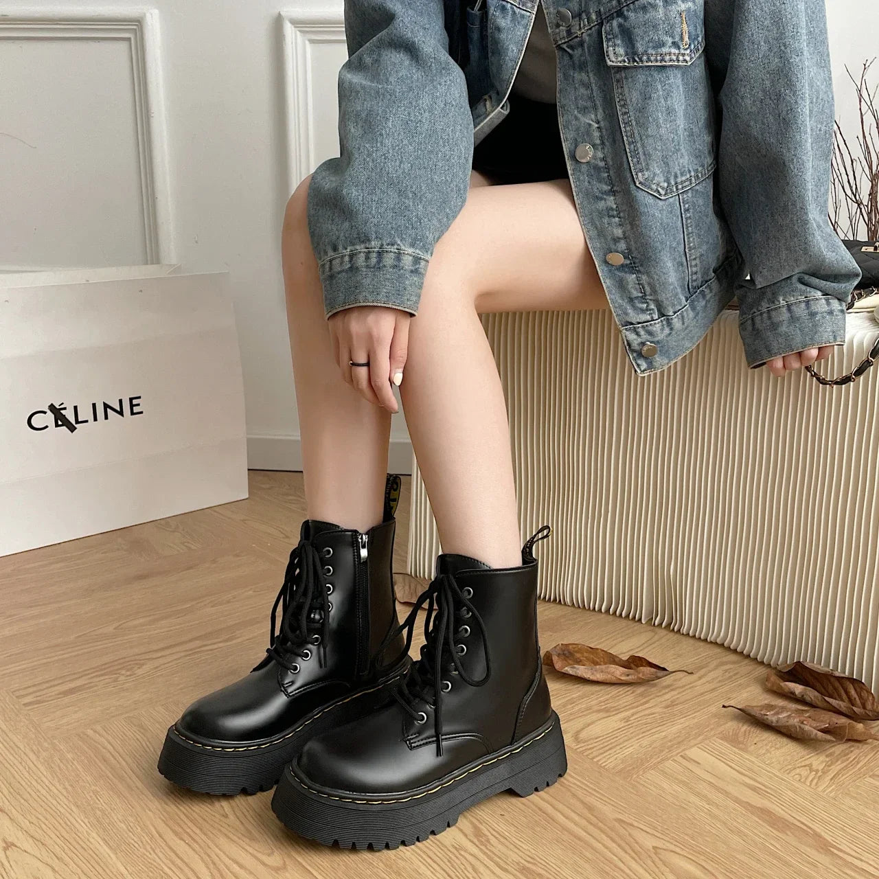 Women's Boots New Genuine Leather Ankle Shoes Chelsea Botas Ladies Classic Punk Platform Shoes Women Casual High Heels Boots