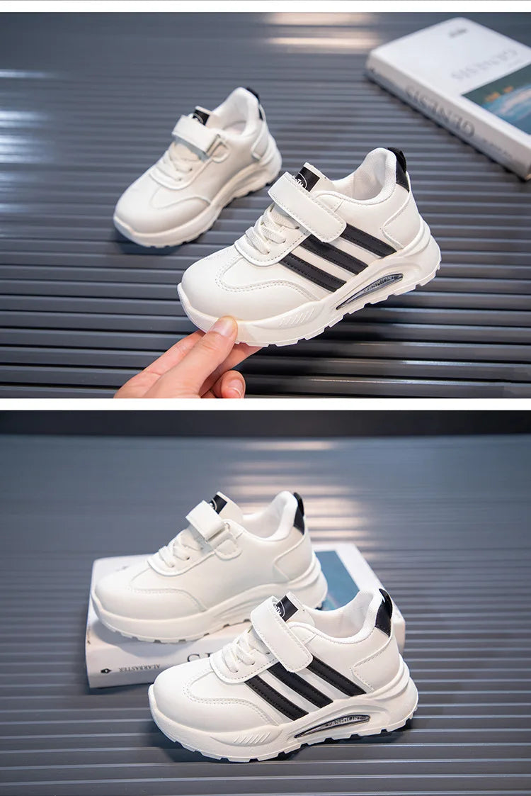 2026 New Spring Fall Sport Shoes for Boys Fashion Patchwork Stripes Dad Sneakers for Girls Black Khaki Gray Kids Trainers