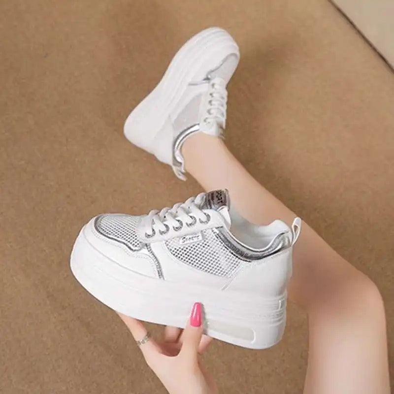 Women's White Chunky Sole Sneakers – Breathable Mesh Shoes with Thick Platform and Air Cushion for Casual Wear