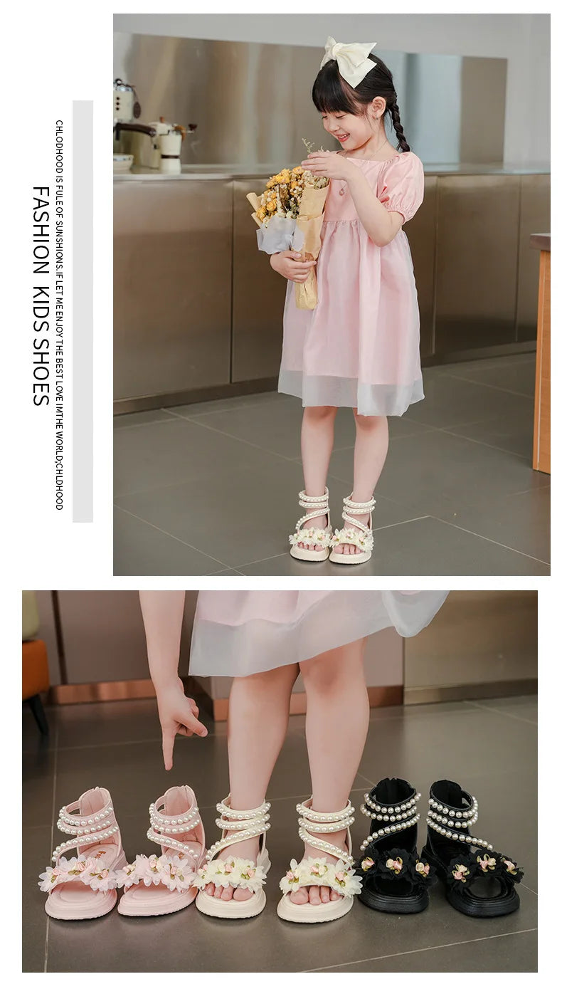Children's Sandals Summer Bowtie Princess Shoes for Girls Fashion Sweet Kids Causal Pearl Roman Sandals Solid Color Hook Loop
