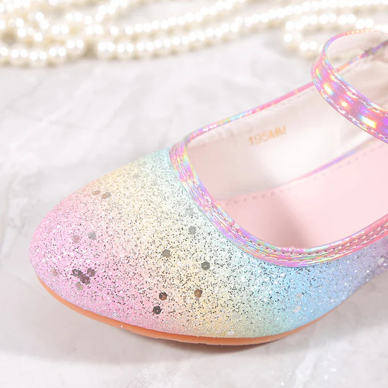 YUNICUS Girls High Heels Princess Shoes Students Children's Single Shoes Little Girl Performance Sequins Glitter Leather Shoes