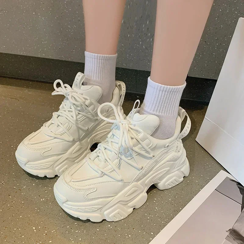 Platform Sneakers for Women Fashion White Lace Up Running Shoes Casual Comfortable Round Toe Chunky Sport Shoes Zapatos De Mujer