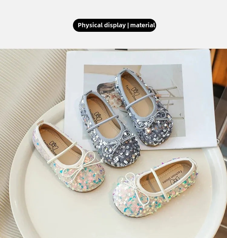 Girls' Shoes 2025 Spring New Fashion Little Girl Sequin Princess Shoes Soft Sole Girls' Shallow Mouth Single Shoes Breathable