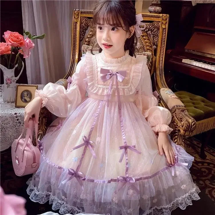 Girls Casual Dresses Princess Dress with Bow Mesh Puffed Sleeve Girls Clothes Wedding Princess Dress for Girls