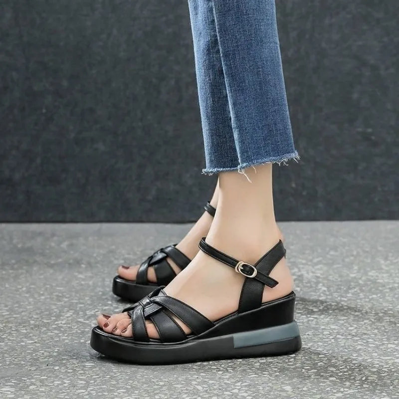 2024 Summer NewWomen's Sandals Casual Retro Hollow Button Sandals Women's Open-toe Sandals Fashion Comfortable Slope Heel Sandal
