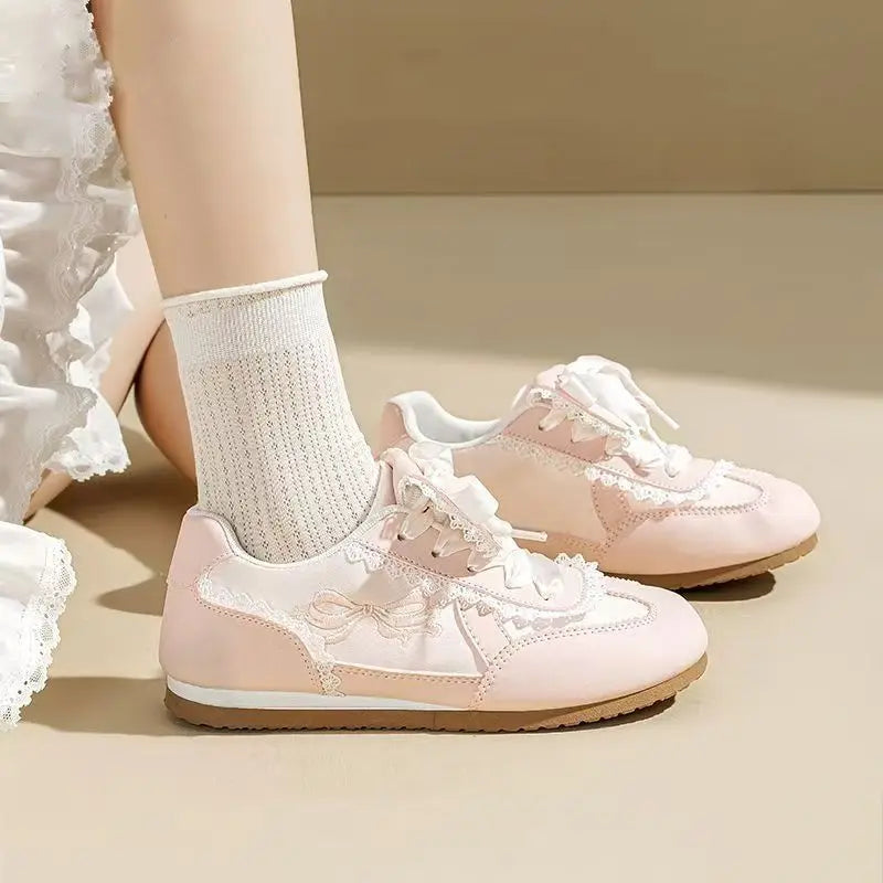Girly Dopamine Pink Sneakers 2025 Fall New Women's Lightweight Ballet Flats Round Toe Lace Detail White Casual Walking Shoes