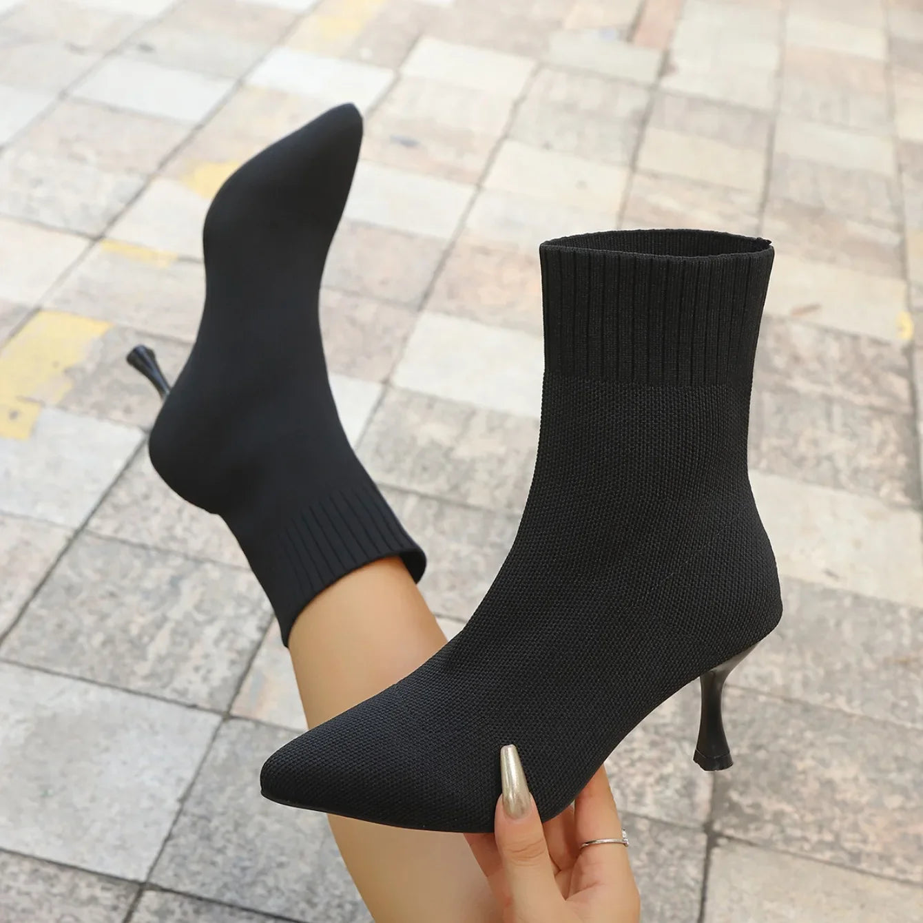 Spring Autumn Women Ankle Boots Slip-On Sexy Chelsea Boots Women Luxury Stretch Fabric Women Socks Shoes Pointed Toe High Heels
