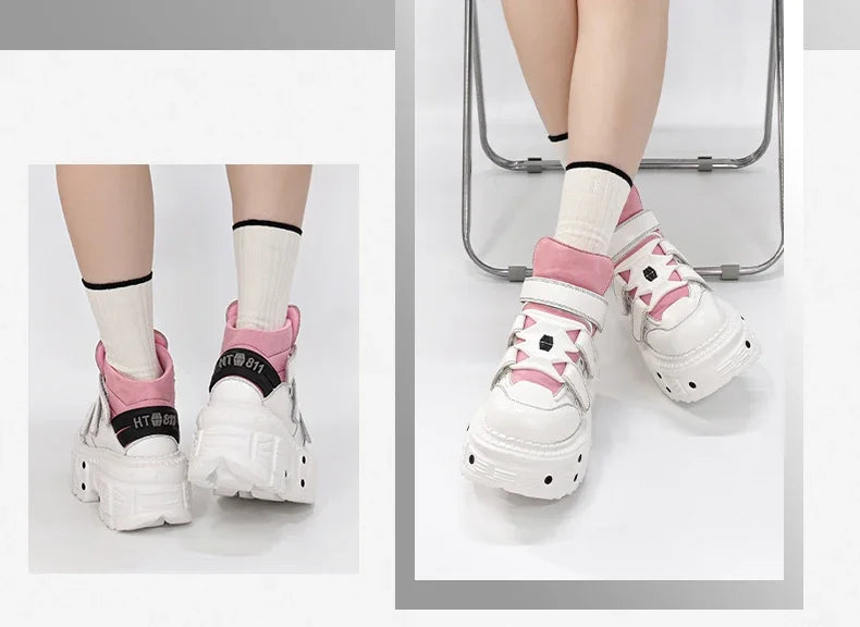 2025  Woman Sneakers New Punk Style Women Shoes Gothic Ankle Rock Boots Lace-up Heel Height Platform Shoes Woman Metal Decor