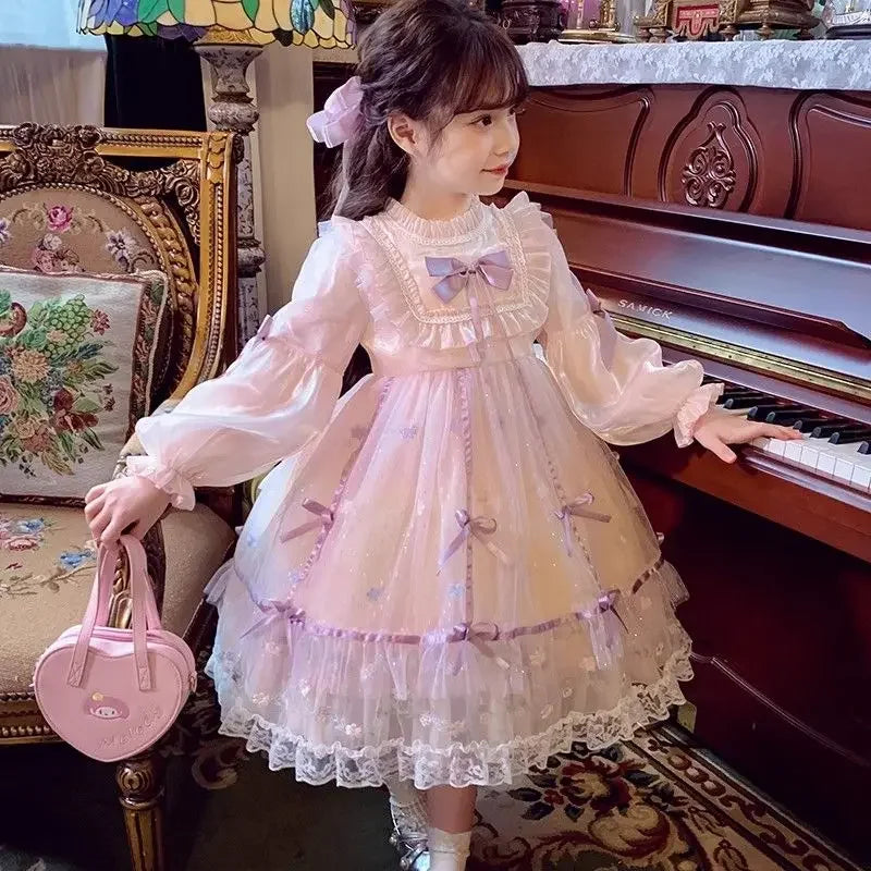 Girls Casual Dresses Princess Dress with Bow Mesh Puffed Sleeve Girls Clothes Wedding Princess Dress for Girls