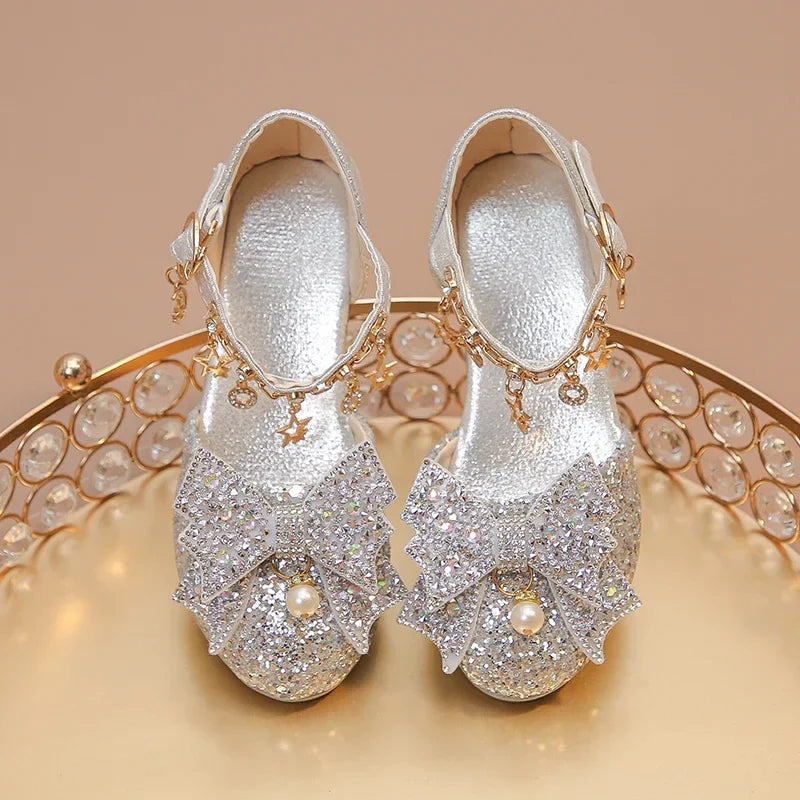 Girls High Heeled Leather Shoes High Heels for Wedding Party Glitter Rhinestone with Bow-knot Kids Dress Pendant Bling Sparkling