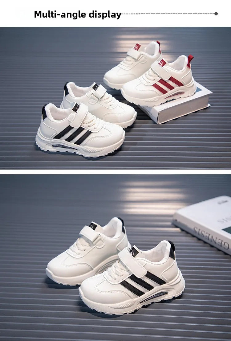 2026 New Spring Fall Sport Shoes for Boys Fashion Patchwork Stripes Dad Sneakers for Girls Black Khaki Gray Kids Trainers