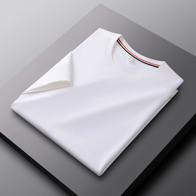 High quality solid color round neck men's short sleeved T-shirt 2024 summer comfortable silk ice feeling casual business