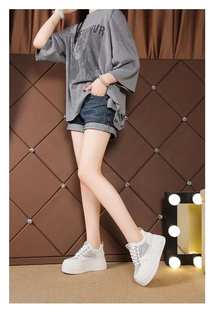 Women's White Chunky Sole Sneakers – Breathable Mesh Shoes with Thick Platform and Air Cushion for Casual Wear
