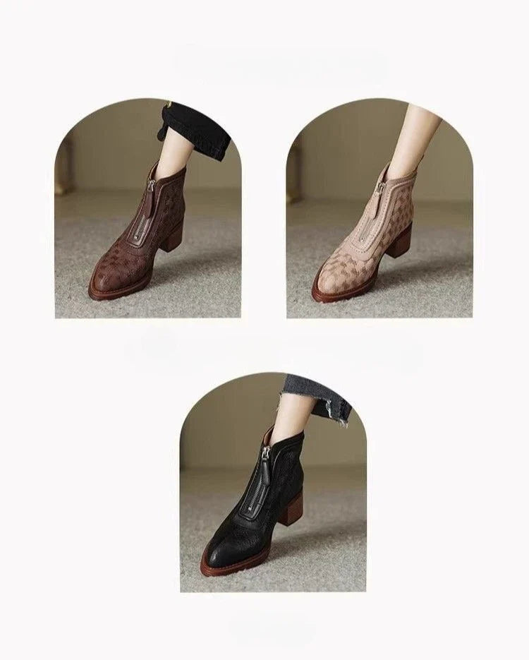 Women's Short Boots 2025 New Autumn Winter Zipper Vintage Chunky Heel Middle Heel Shoes Comfortable Warm Non Slip Fashion Boots